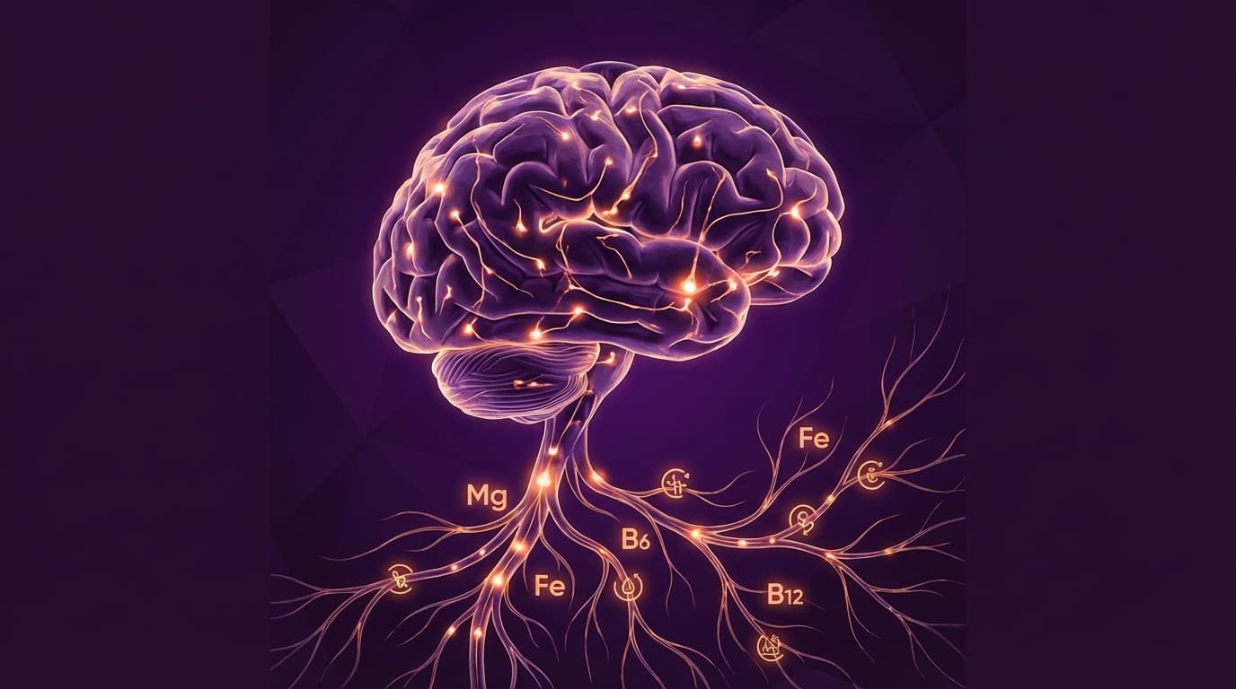Illustrasjon av hjernen og nervesystemet med magnesium, jern, vitamin B6 og B12