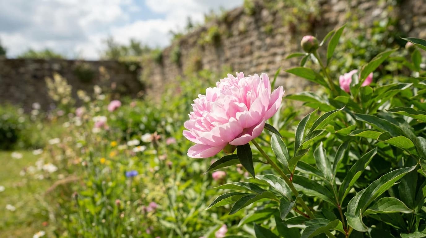Rosa silkepion (Paeonia lactiflora) i blomst i en hage – silkepion er en av ingrediensene i EaseFormula